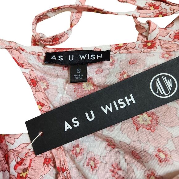 As U Wish Hi Low Dress Flutter Sleeve Tie Back Pink White Floral Small NWT - Picture 6 of 12